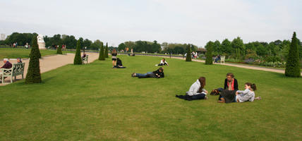 bush, day, diffuse, diffused light, England, eye level view, grass, group, hedge, London, natural light, park, people, picnicking, sitting, summer, The United Kingdom