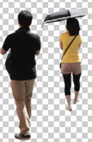 asian, back, casual, couple, cutout, cutout couples, cutout people, day, eye level view, summer, sunny, umbrella, walking