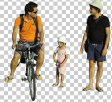 afternoon, bicycle, casual, child, cutout, cutout groups, cutout people, cycling, day, direct sunlight, eye level view, natural light, people, standing, summer, summer, sunlight, sunny