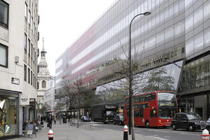 building, bus, day, England, eye level view, facade, glass, London, natural light, overcast, street, taxi, The United Kingdom