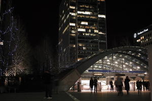 artificial lighting, building, city, England, entrance, eye level view, London, night, office, station, The United Kingdom, tower, winter