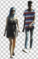 African, artist, casual, caucasian, cutout, cutout couples, cutout people, day, eye level view, front, handsome, people, summer, walking, youngster