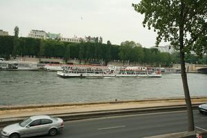 boat, car, elevated, France, Ile-De-France, overcast, Paris, river, road, spring, transport, tree, vegetation