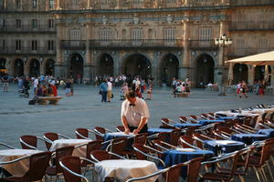 cafe, Castilla y Leon, chair, day, eye level view, group, man, object, people, plaza, Salamanca, Spain, summer, sunlight, sunny, sunshine, table