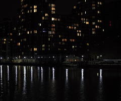 artificial lighting, cityscape, England, eye level view, London, night, reflected, river, The United Kingdom