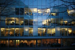 architecture, artificial lighting, building, dusk, England, eye level view, facade, glass, London, office, The United Kingdom, urban