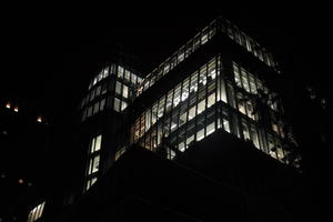 artificial lighting, below, building, England, eye level view, London, night, spring, The United Kingdom, urban