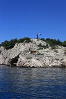 coastline, Croatia, day, eye level view, flag, Makarska, object, rockery, seascape, Splitsko-Dalmatinska, summer, vegetation