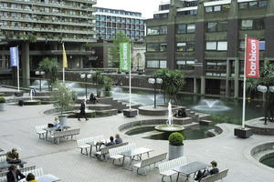 building, cafe, courtyard, day, elevated, England, facade, fountain, London, natural light, people, sitting, The United Kingdom