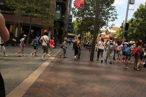 Australia, back, child, couple, day, eye level view, group, New South Wales, pavement, summer, sunny, Sydney, tourist, walking