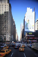 advertisement, building, car, day, elevated, facade, Manhattan, New York, skyscraper, street, sunny, taxi, The United States