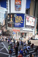 advertisement, building, crossing, crowd, day, elevated, Manhattan, New York, people, retail, shop, street, summer, sunny, The United States, walking