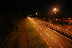 artificial lighting, elevated, England, evening, grass, London, road, The United Kingdom