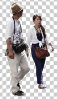 asian, casual, couple, cutout, cutout couples, cutout people, day, eye level view, front, summer, sunny, walking