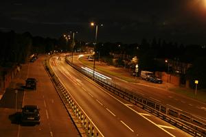 artificial lighting, car, elevated, England, evening, London, road, The United Kingdom