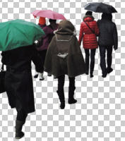 back, casual, cloudy, cutout, cutout groups, cutout people, day, eye level view, group, natural light, people, rain, umbrella, walking, wet, winter, winter