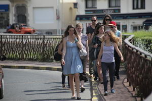 Aquitaine, Biarritz, day, eye level view, France, group, people, spring, street, sunlight, sunny, sunshine, woman