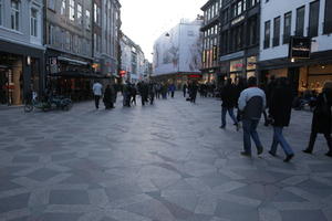 Copenhagen , crowd, Denmark, dusk, eye level view, Kobenhavn, pavement, people, retail, shop, spring