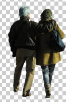 back, casual, caucasian, couple, cutout, cutout couples, cutout people, day, elderly, eye level view, sunny, walking, winter