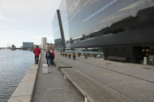 bench, building, Copenhagen , day, Denmark, eye level view, facade, glass, Kobenhavn, overcast, pavement, winter