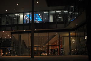 artificial lighting, city, cityscape, England, eye level view, lobby, London, night, office, The United Kingdom