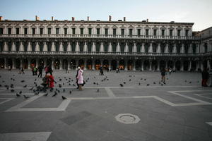 bird, building, casual, day, dusk, eye level view, group, Italia , people, Piazza San Marco, pidgeons, square, Veneto, Venice, winter