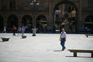 bench, Castilla y Leon, day, eye level view, object, plaza, Salamanca, Spain, summer, sunlight, sunny, sunshine