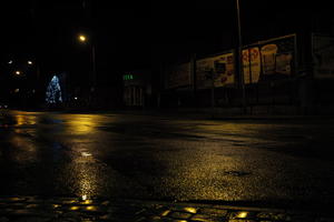 artificial lighting, city lights, eye level view, Kalisz, night, outdoor lighting, Poland, street, urban, wet, Wielkopolskie, winter