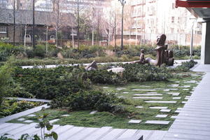 bush, courtyard, day, England, eye level view, garden, grass, London, natural light, sculpture, shrub, The United Kingdom, winter