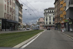 autumn, day, diffuse, diffused light, eye level view, natural light, overcast, street, Switzerland, tram, tramlines, urban