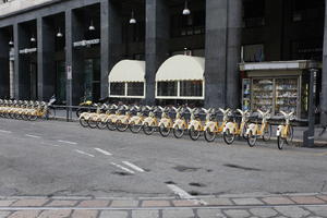 bicycle, day, eye level view, Italia , kiosk, Lombardia, Milano, natural light, stand, street, summer