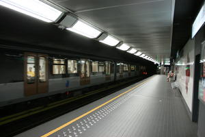 artificial lighting, Belgium, Brussels, eye level view, interior, light, platform, station, summer, train