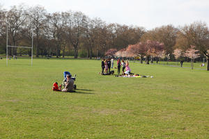 day, deciduous, England, eye level view, grass, group, London, park, people, picnicking, sitting, spring, sunny, The United Kingdom, tree