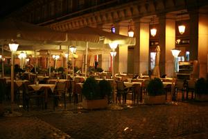 artificial lighting, chair, eye level view, furniture, Madrid, night, restaurant, Spain, table