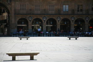 bench, Castilla y Leon, day, eye level view, plaza, Salamanca, Spain, summer, sunlight, sunny, sunshine