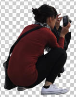 asian, back, casual, cutout, cutout people, cutout women, day, diffuse, diffused light, eye level view, female, kneeling, photographer, summer, woman