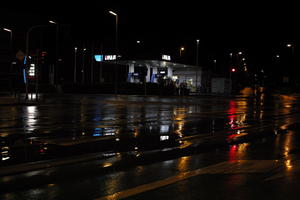 artificial lighting, city, Croatia, eye level view, night, petrol station, spring, street, street light, urban, wet, Zadar, Zadarska