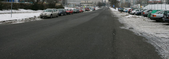 diffuse, diffused light, eye level view, Most, natural light, outdoor lighting, overcast, parking, road, snow, The Czech Republic, Ustecky Kraj, winter