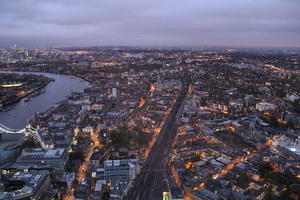 aerial view, artificial lighting, city, city lights, diffuse, diffused light, England, evening, London, The United Kingdom, urban, winter