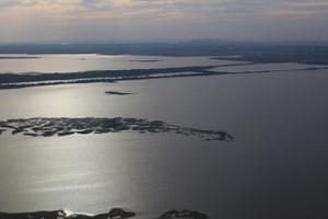 aerial view, coastline, dusk, Manhattan, New York, The United States