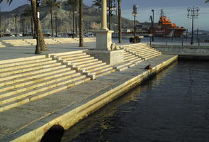 Cartagena, day, eye level view, harbour, marina, Murcia, overcast, plaza, seascape, seating, Spain, steps, sunset, urban