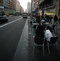 autumn, cafe, day, diffuse, diffused light, eye level view, group, Madrid, Madrid, people, sitting, Spain, street, urban