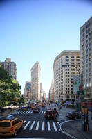 building, car, crossing, day, elevated, facade, Flatiron building, Manhattan, New York, skyscraper, street, sunny, taxi, The United States