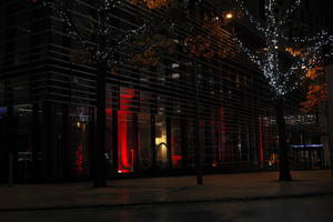 artificial lighting, building, city, city lights, England, eye level view, facade, Liverpool, night, outdoor lighting, restaurant, The United Kingdom, urban