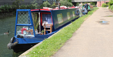 boat, canal, day, England, eye level view, London, path, spring, sunny, The United Kingdom