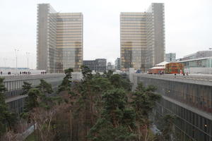 coniferous, day, elevated, facade, France, glass, Ile-De-France, natural light, office building, overcast, Paris, park, tree, winter