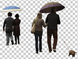 ambient light, back, couple, cutout, cutout couples, cutout groups, cutout people, day, diffuse, diffused light, dog, eye level view, natural light, people, spring, umbrella, walking