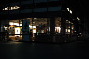 artificial lighting, cafe, England, eye level view, London, night, pavement, spring, The United Kingdom, urban