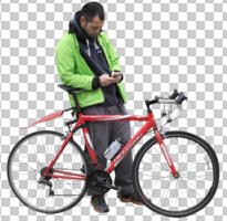 bicycle, casual, cutout, cutout men, cutout people, cycling, day, diffuse, diffused light, eye level view, male, man, side, standing, texting, winter