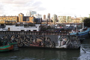 barge, city, city, cityscape, England, eye level view, London, natural light, river, sunny, sunset, The United Kingdom, winter